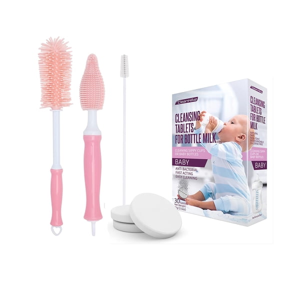 Set de cepillos para biberón CleanHike con 3 cepillos de silicona y 30 tabletas limpiadoras