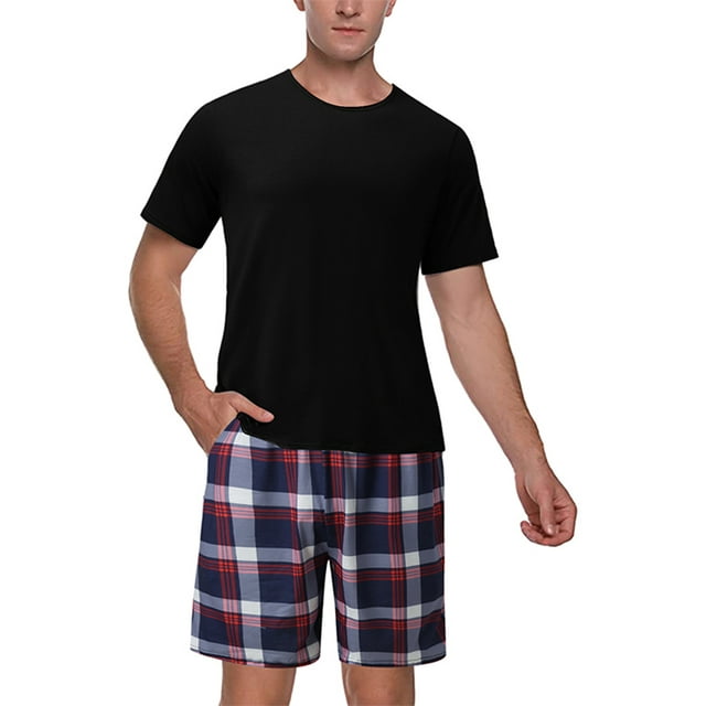 Fashnice Mens Sleepwear Two Pieces Nightwear 2 Pcs Pajama Set Loose Pyjama Homewear Black Red 2 L