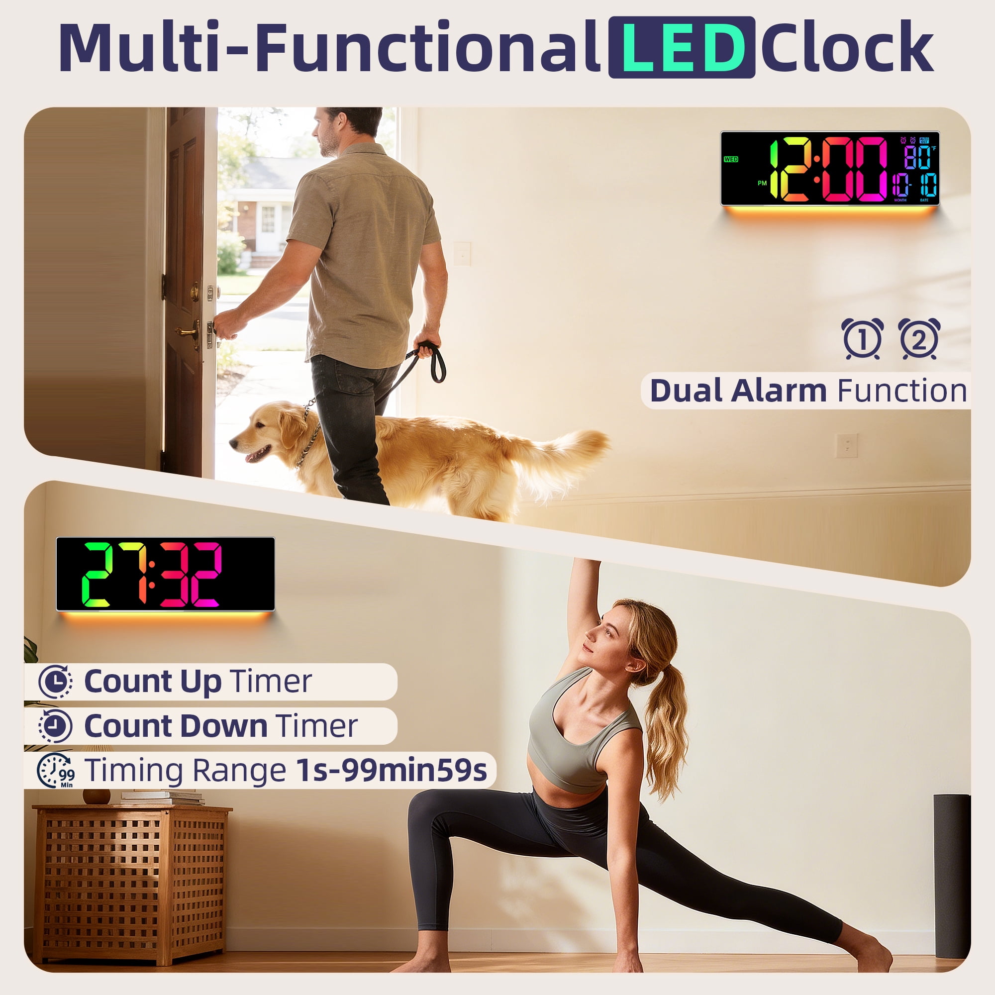 16.5" Large Digital Wall Clock: 11 RGB Color LED Display with Remote Control, Auto DST, Temperature & Date, Big Number Wall Clock for Seniors, Classroom, Office, Gym, Home Decor Khaki