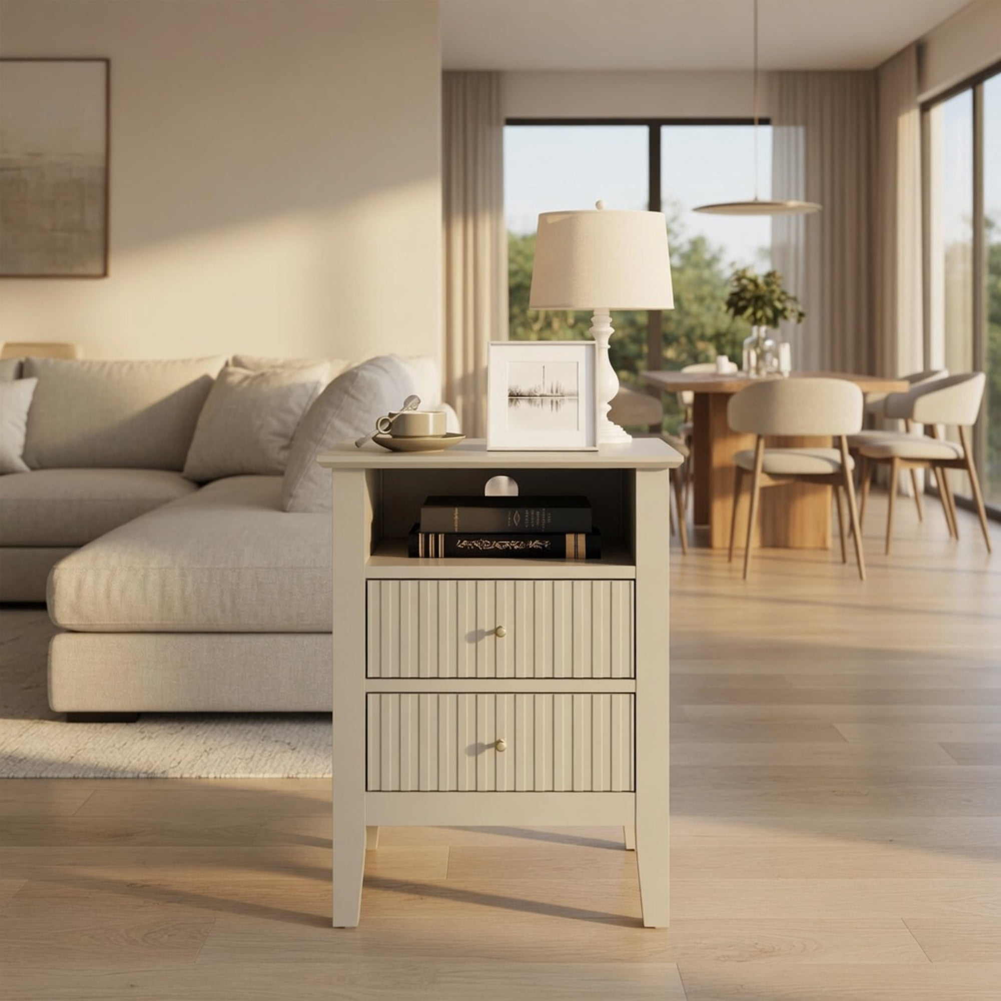 18" Beige Fluted Nightstand with 2 Drawers - Modern Bedroom Sofa Side Table