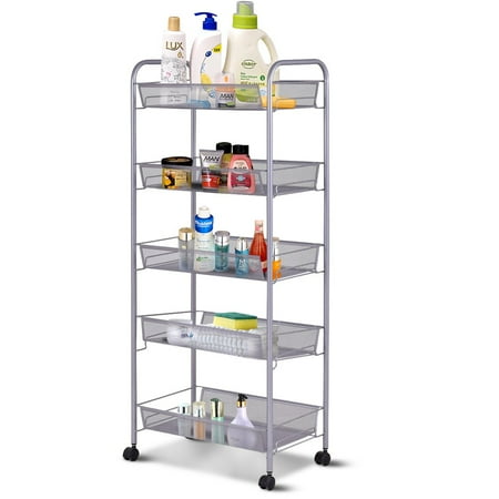 Rolling Kitchen Pantry Zimtown 5 Tier Mesh Shelving Rack Shelf Kitchen Pantry Storage Rolling Utility Cart ()