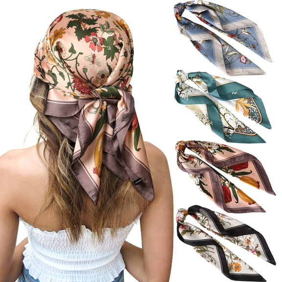 27 Inches Silk Feeling Square Head Scarf - 4 Pcs Satin Square Head Scarves for Women Hair Bandanas