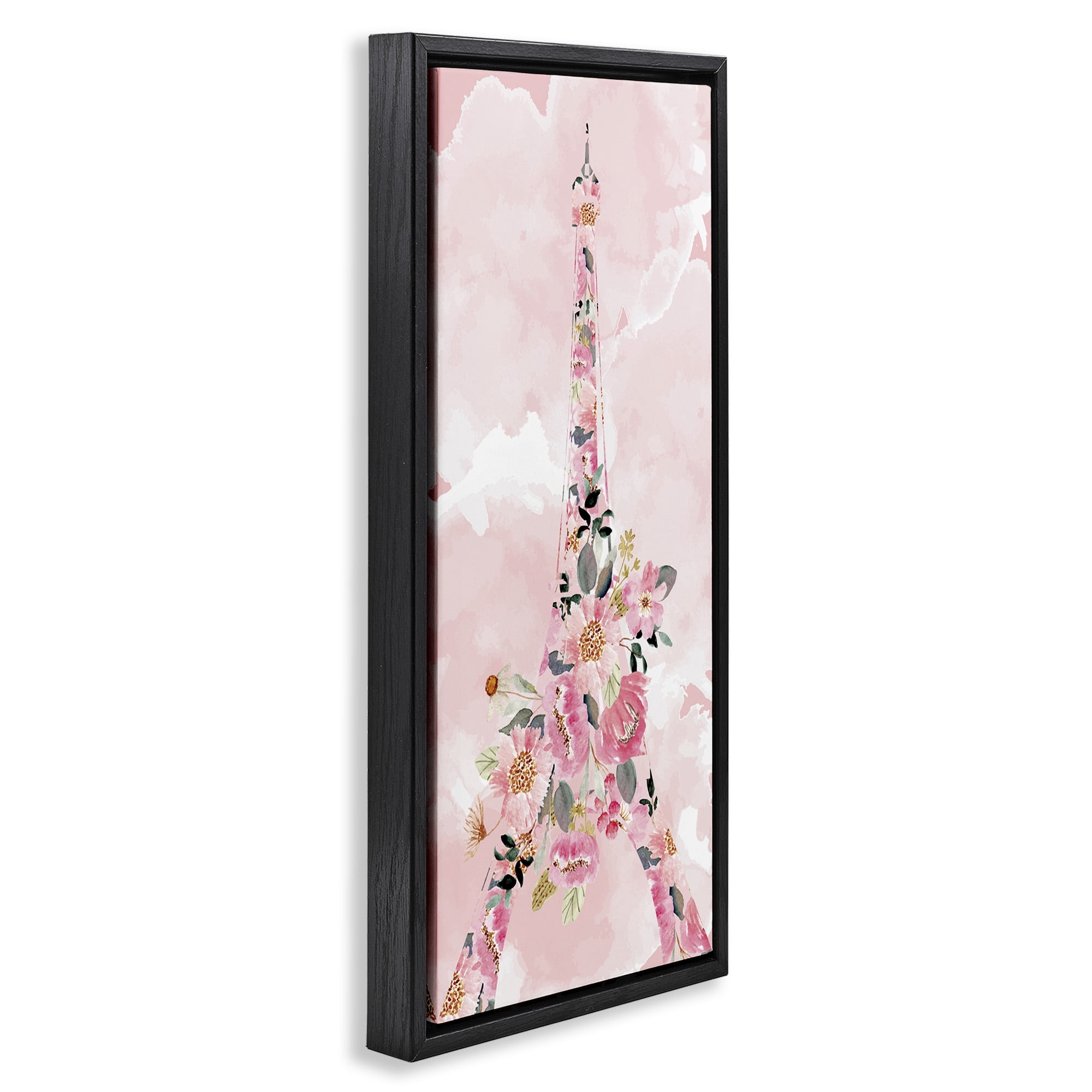 Stupell Industries Floral Pattern Eiffel Tower Botanical & Floral Painting Black Floater Framed Canvas Art Print Wall Art, 15 x 31