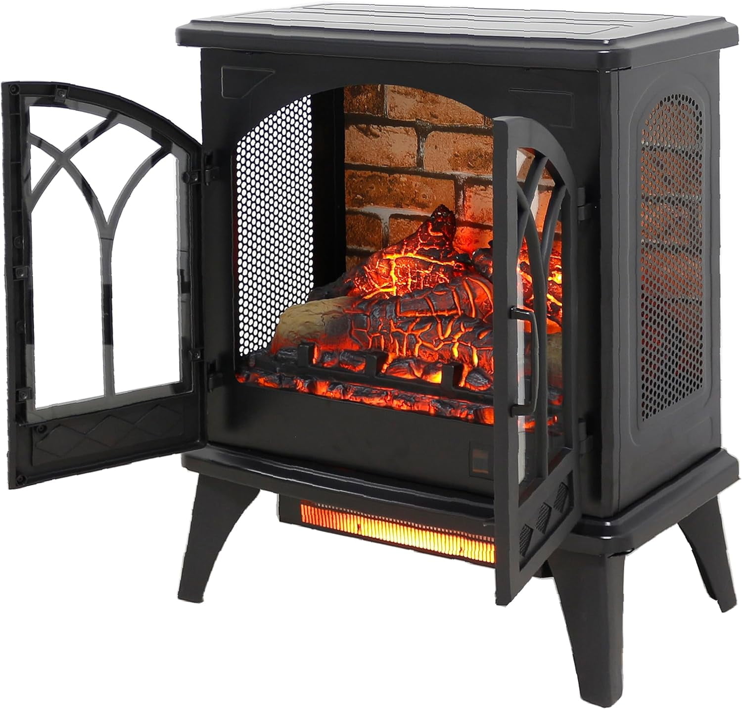 23.7Inch 3D Infrared Electric Stove Heater, Free-Standing Infrared Fireplace, LED Light Source, 1500W, 5018BTU, Overheating Protection, Remote, Timer, Black & Wall Tiles Background