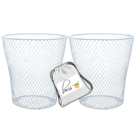 (2) White Wire Mesh Round Waste Basket, 9in Lightweight Trash Can Open Top Wastebasket Recycling Bins Desk Office School Garbage Cans Home Essential & CUSTOM Storage Carrier