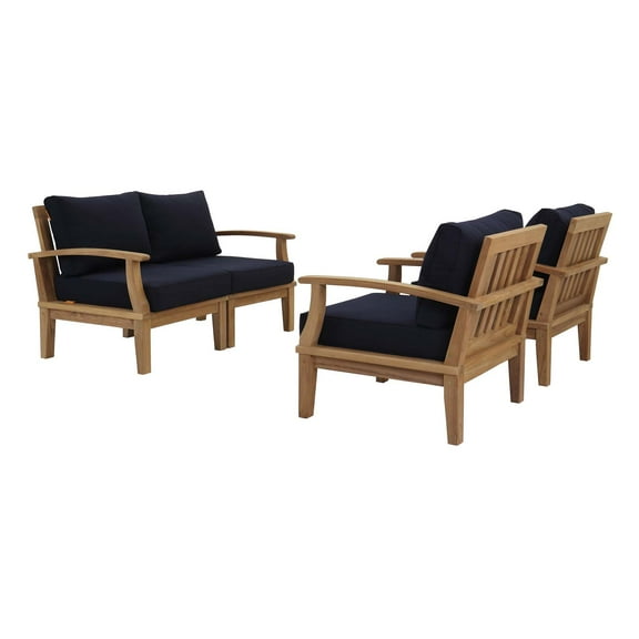 Modern Contemporary Urban Design Outdoor Patio Balcony Garden Furniture Lounge Sofa and Chair Set, Wood, Navy Blue Natural