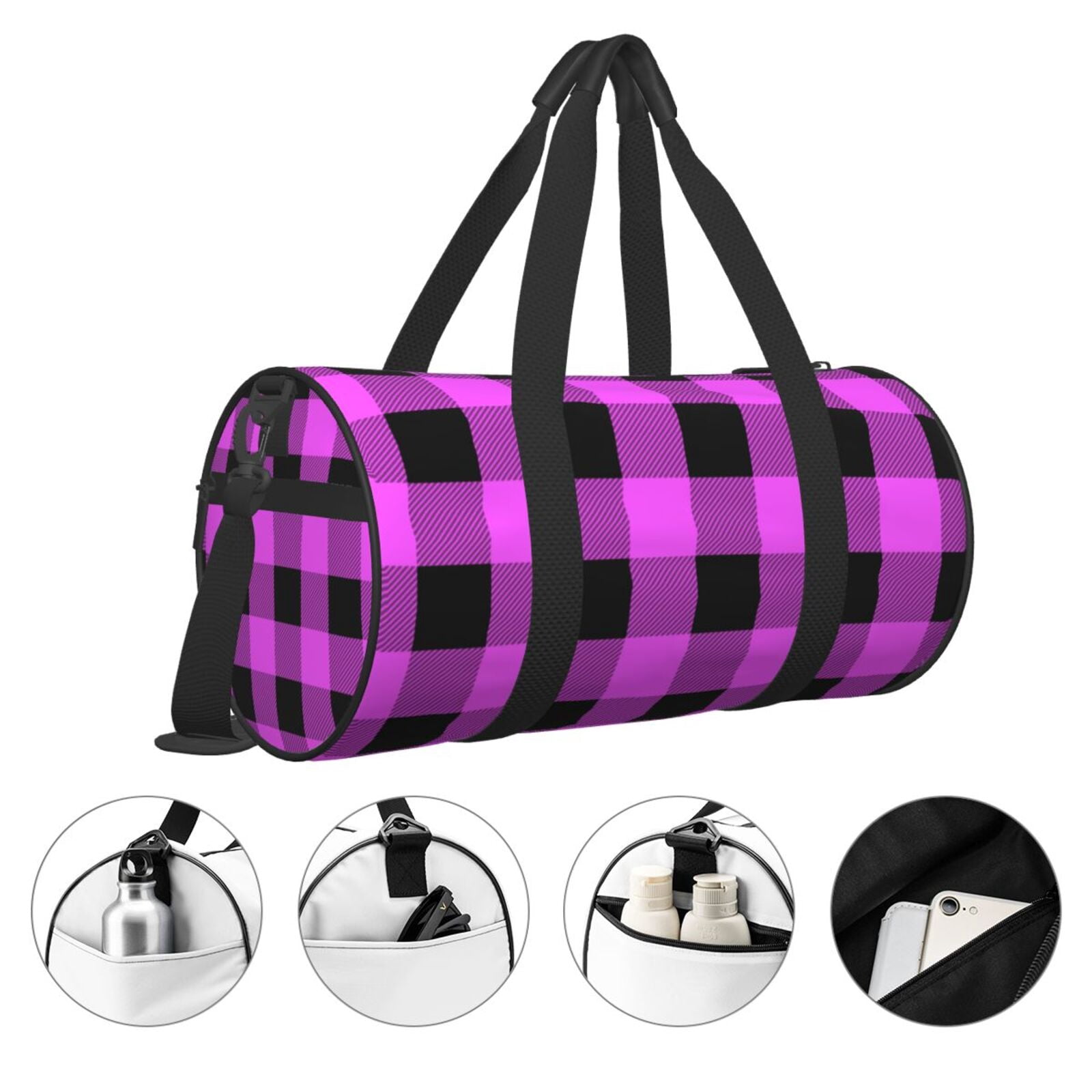 Vsdgher Purple Black Buffalo Plaid 45L Foldable Duffel Bag, Sports Gym Bag,Overnight Bag, Portable Weekender Bag for Airplanes