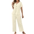 thumbnail image 3 of ibuvkizy Women's 2 Piece Casual Outfit Set V Neck Button Front Short Sleeve Tops with Lace Trim & Elastic Waist Cropped Wide Leg Pants with Pockets,Lightweight Linen Blend Summer Matching Suit, 3 of 9