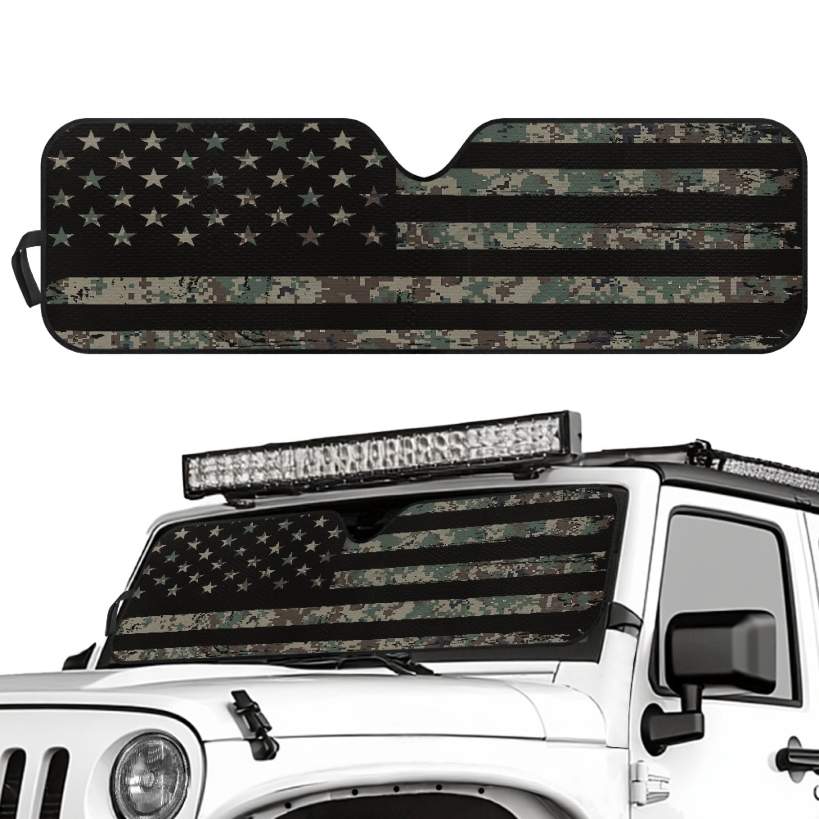 Jeiento Camouflage Flag Windshield Sun Shade for Jeep Wrangler TJ JK JKU JL JLU ,Aluminum Foil Film Car Winshied Sunshade,Effectively Blocking Heat and UV Rays