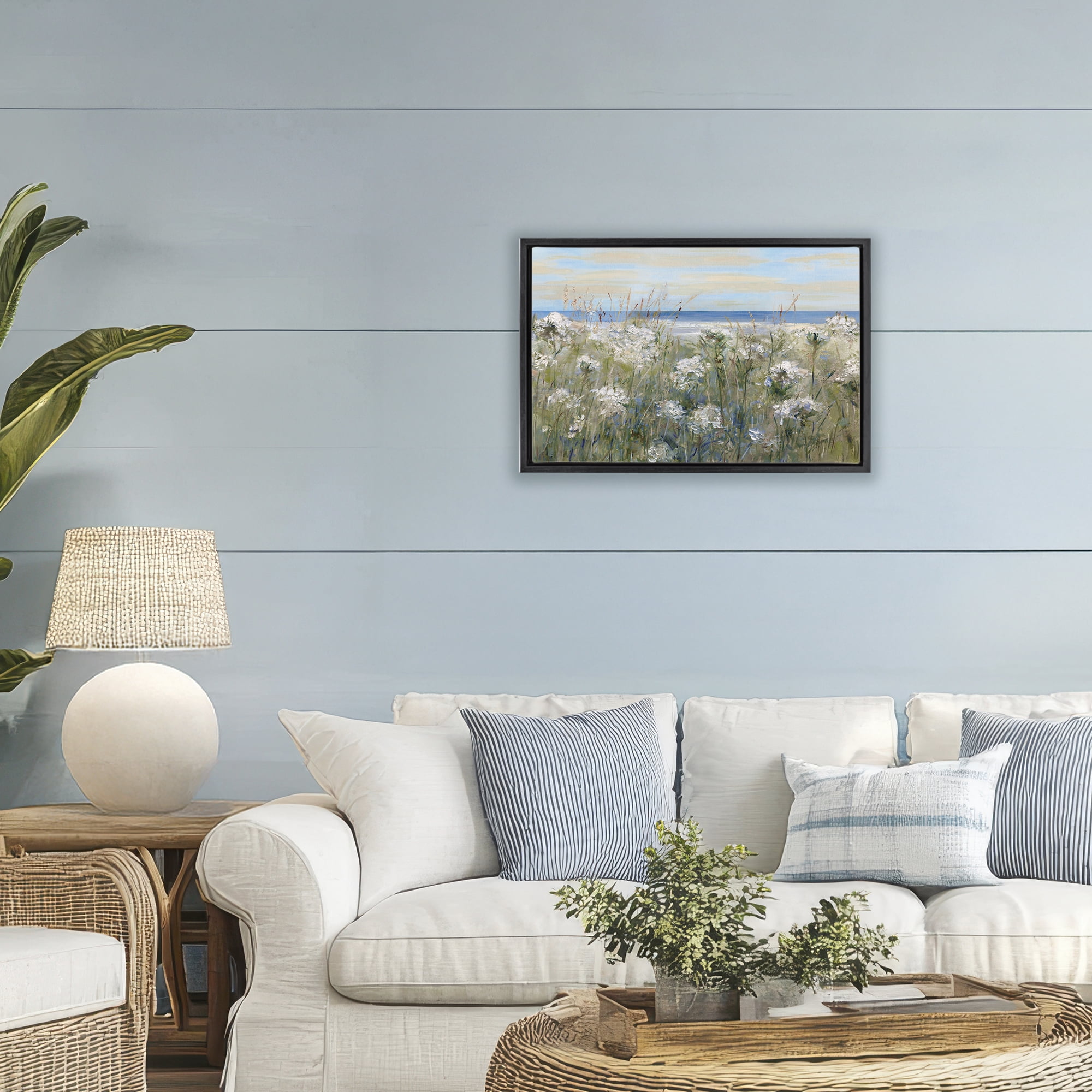 Stupell Industries Impressionist Seaside Meadow Black Framed Floater Canvas Wall Art, design by Sally Swatland