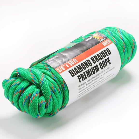 Wellmax Diamond Braid Nylon Rope, 3/8 inch by 50 Feet Green Color, Heavy Duty