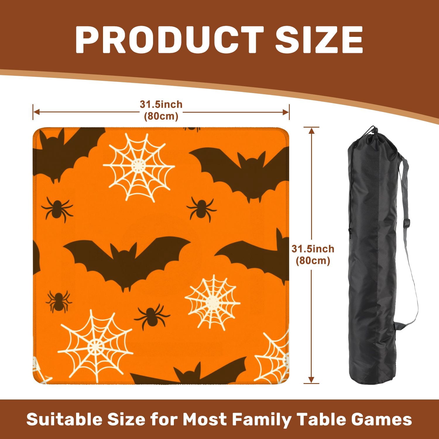 Mahjong Mat 31.5" x 31.5" Halloween seamless bats spiders web Black bat orange Cute for textile Non-Slip Noise Reduction American Mahjong Tiles Table Cover for Dominoes Poker Card Board Games Gift