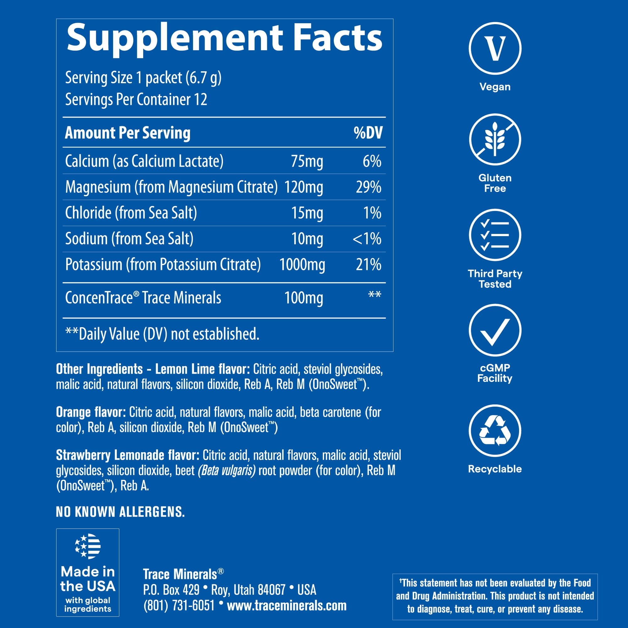 Trace Minerals Hydro Pak Keto Electrolyte Drink Mix, Lemon Lime, Orange and Strawberry Lemonade