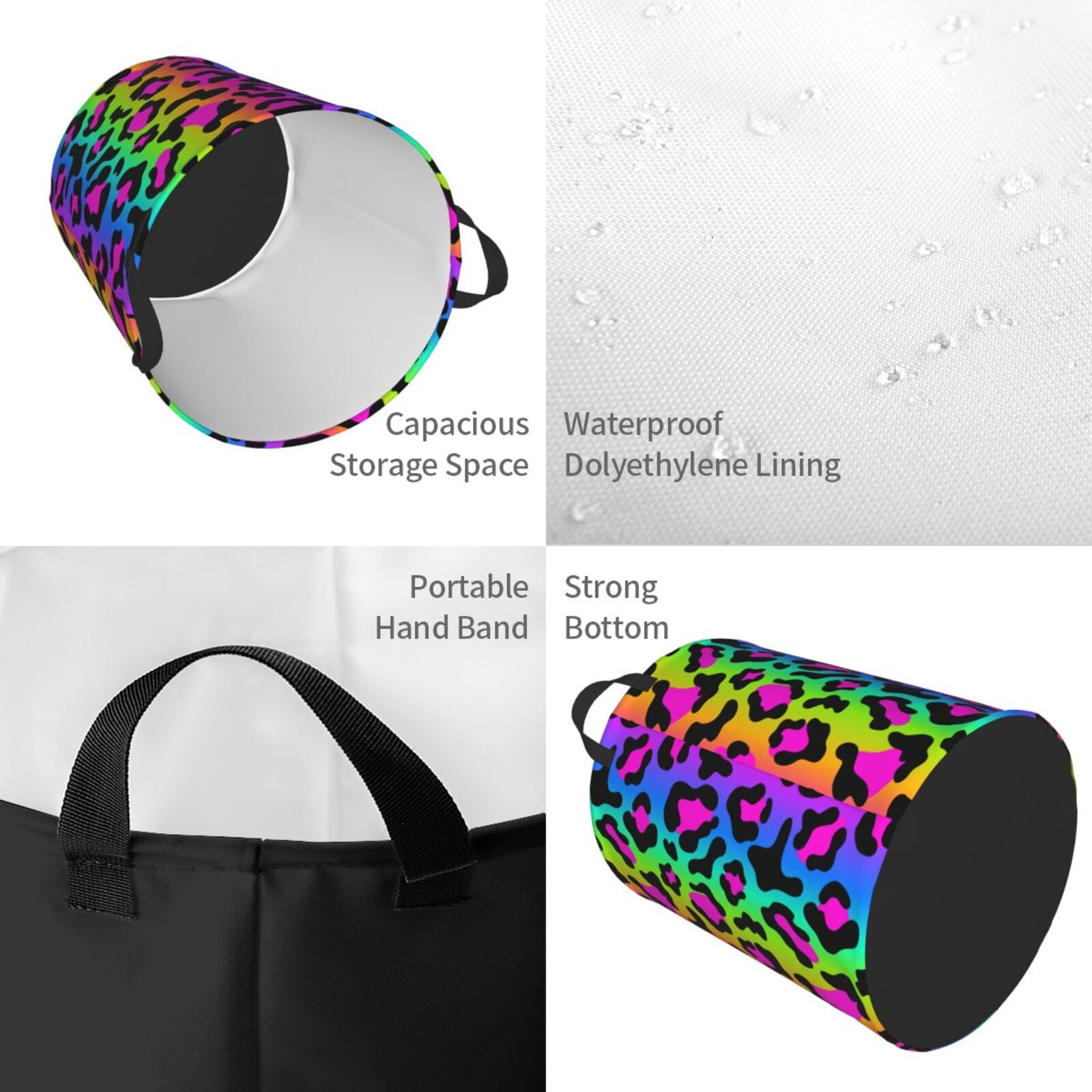Large Laundry Basket with Handles - Rainbow leopard bright Kids Baby Dirty Clothes Laundry Hamper for Bedroom Aesthetic
