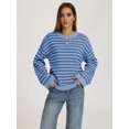 thumbnail image 5 of Womens Long Sleeve Sweater Striped Oversized Sweaters Casual Crewneck Knit Tops Light Blue S, 5 of 8