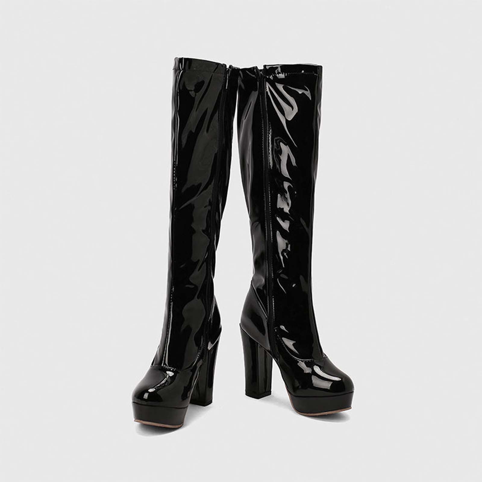 Mother's Day POROPL Ladies Knee High Boots Winter Faux Leather Chunky High Heel Lace-Up Knee High Boots for Lady Black Size 42(US:8.5)