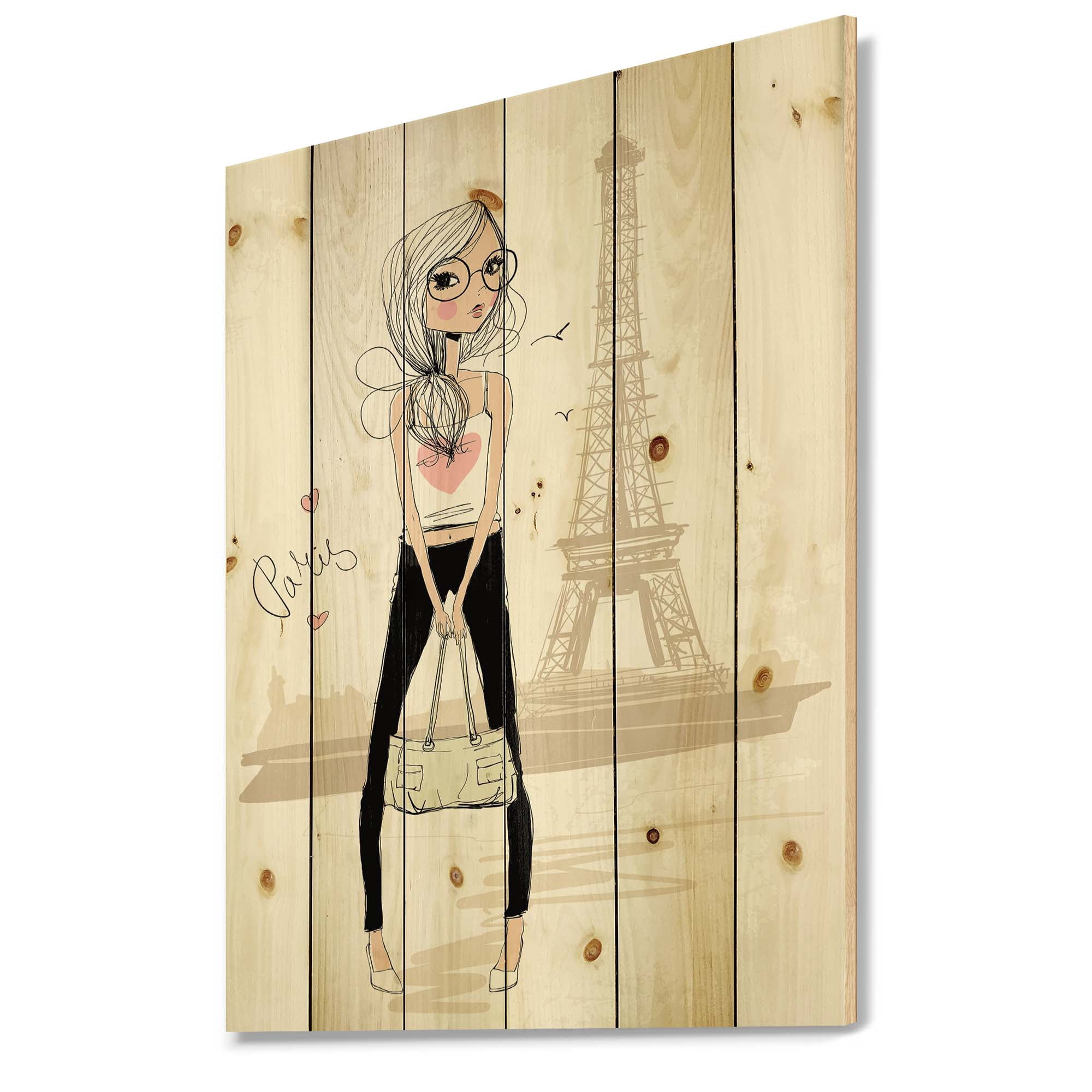 Designart 'Cute Girl By The Tour Paris Eiffel Tower' Children's Art Print on Natural Pine Wood