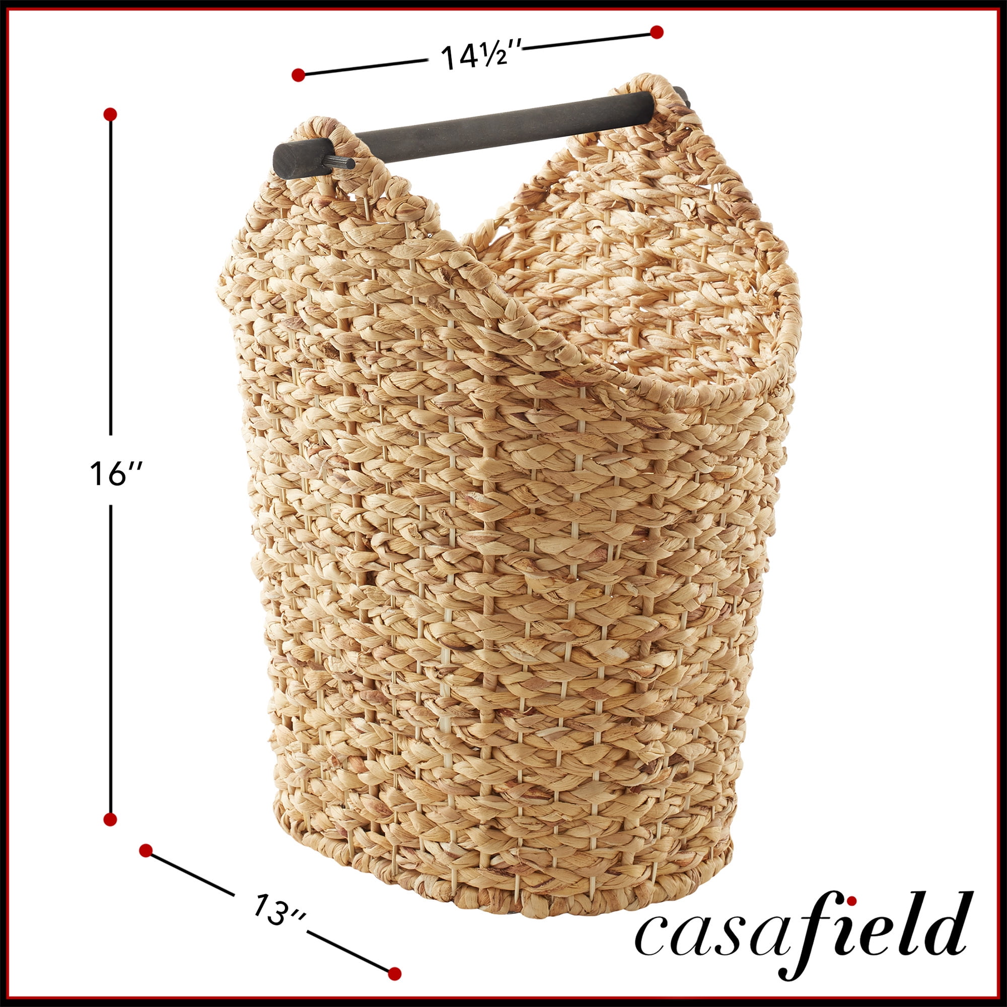 Casafield Toilet Paper Roll Holder Storage Basket with Wood Bar - Natural, Woven Water Hyacinth Wicker Bathroom Tissue Storage Organizer
