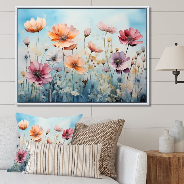 Designart Meadow framed wall Art, Meadow curious Meadowscape , meadow framed wall art decor, Multi-Color Traditional White Framed Wall Art, 32x16 inches White Color Frame