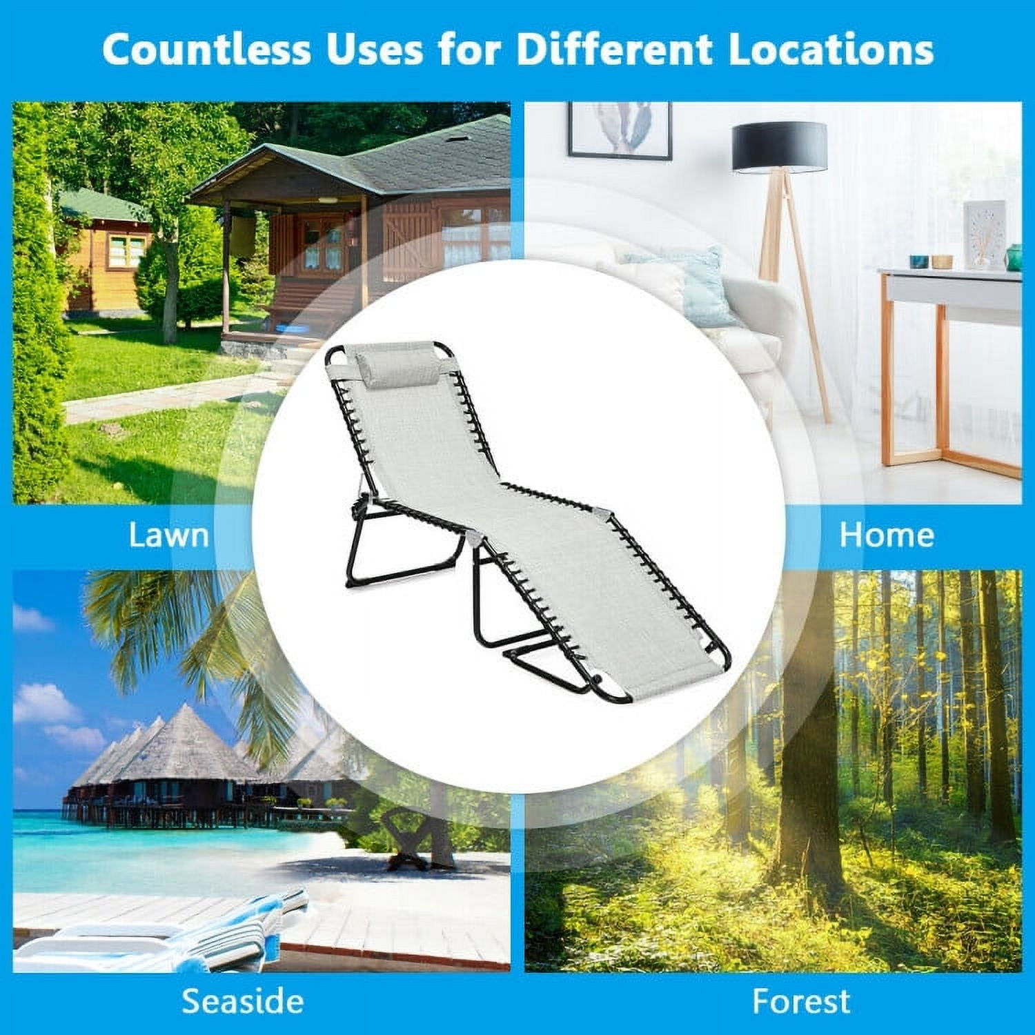 Aimee Lii Folding Heightening Design Beach Lounge Chair with Pillow for Patio, Patio Loungers, Gray