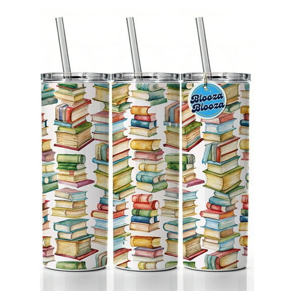 Lots Of Books Library Reading Reader 20oz Insulated Water Bottle Skinny Tumbler Includes Straw