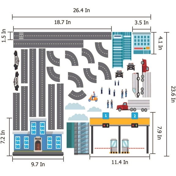 THE CITY - Vinyl Home Art Removable Multicolored Sticker Police Station Design Adhesive Wall Decal Sheet - Stick And Peel DIY City Police Station Decoration Repositionable Wall Decal 26.4" x 23.6"