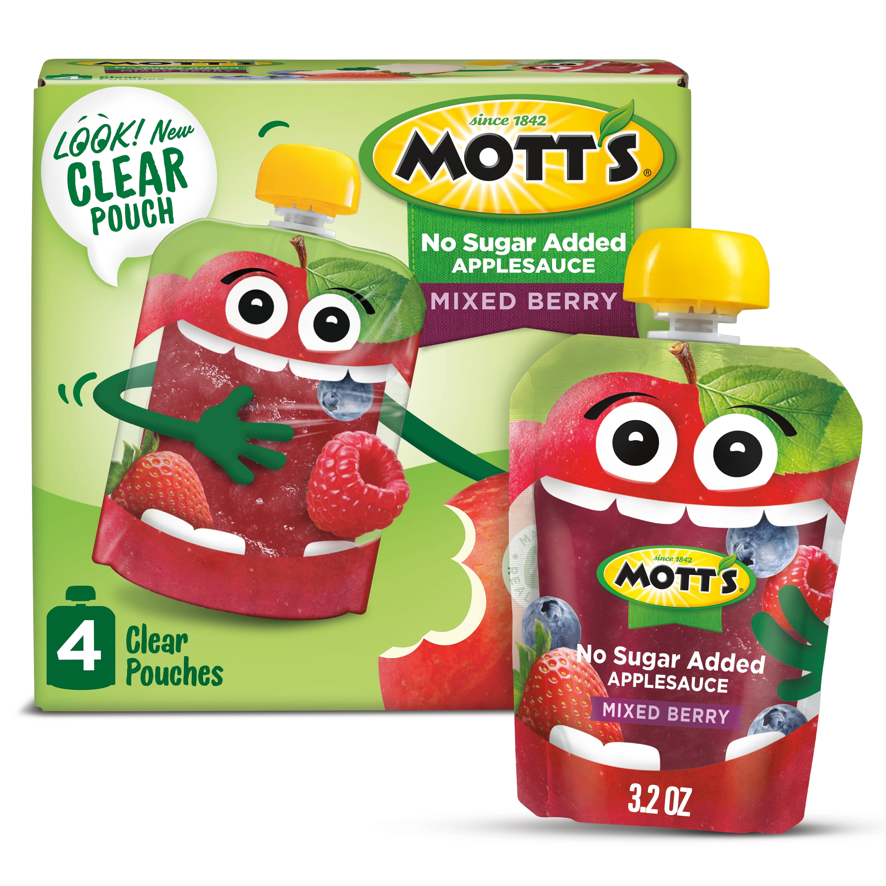 Mott's No Sugar Added Mixed Berry Applesauce, 3.2 oz clear pouches, 4