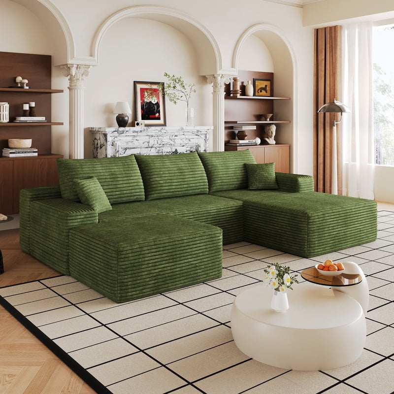 107" Cloud Sectional Sofa with Ottoman, Modern U-Shaped Modular Sofa, Deep Seat Upholstered Couch with Plush Corduroy Fabric, No Assembly Required, Comfort Corner Sofa for Living Room & Apartment