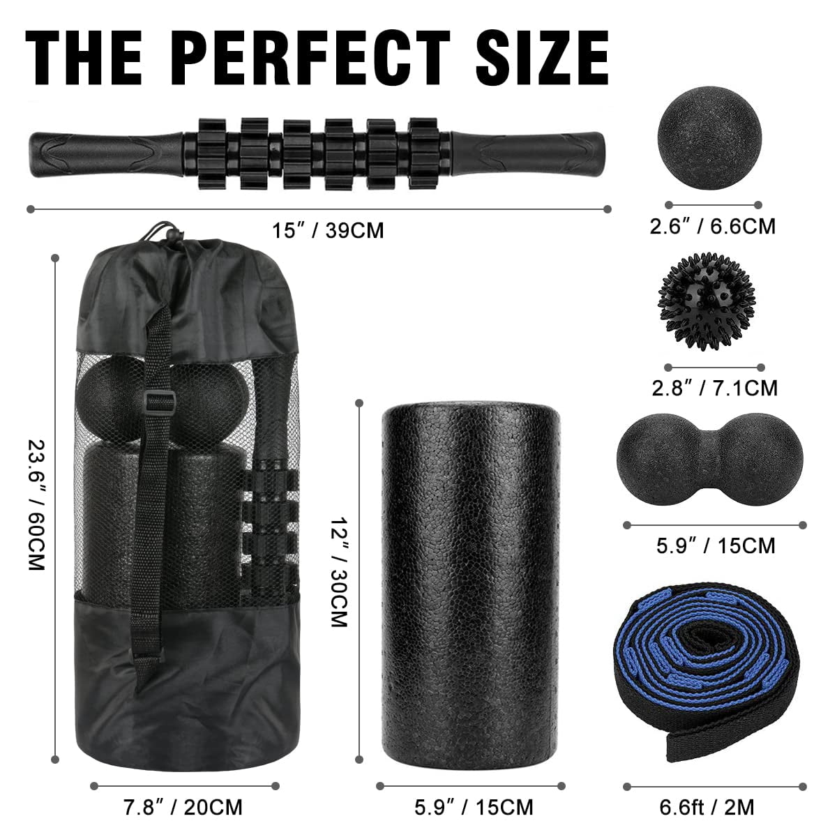 Foam Roller Set - High Density  Stick 2 Foot Fasciitis Ball Stretching Strap For Whole Body Physical & Exercise Yoga Leg Deep Tissue