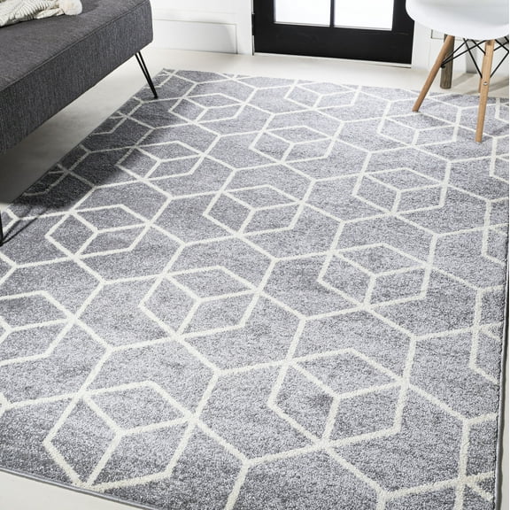 JONATHAN Y SUPERSOFT 3 x 5 Area Rug, Tumbling Blocks Geometric - Light Gray/White, SEU101G-3