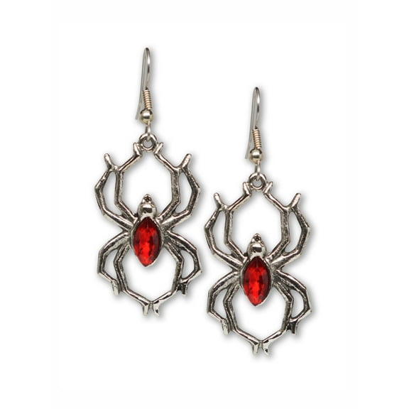 Gothic Spider Dangle Earrings with Red Stone Body Silver Finish Pewter by Real Metal #952R