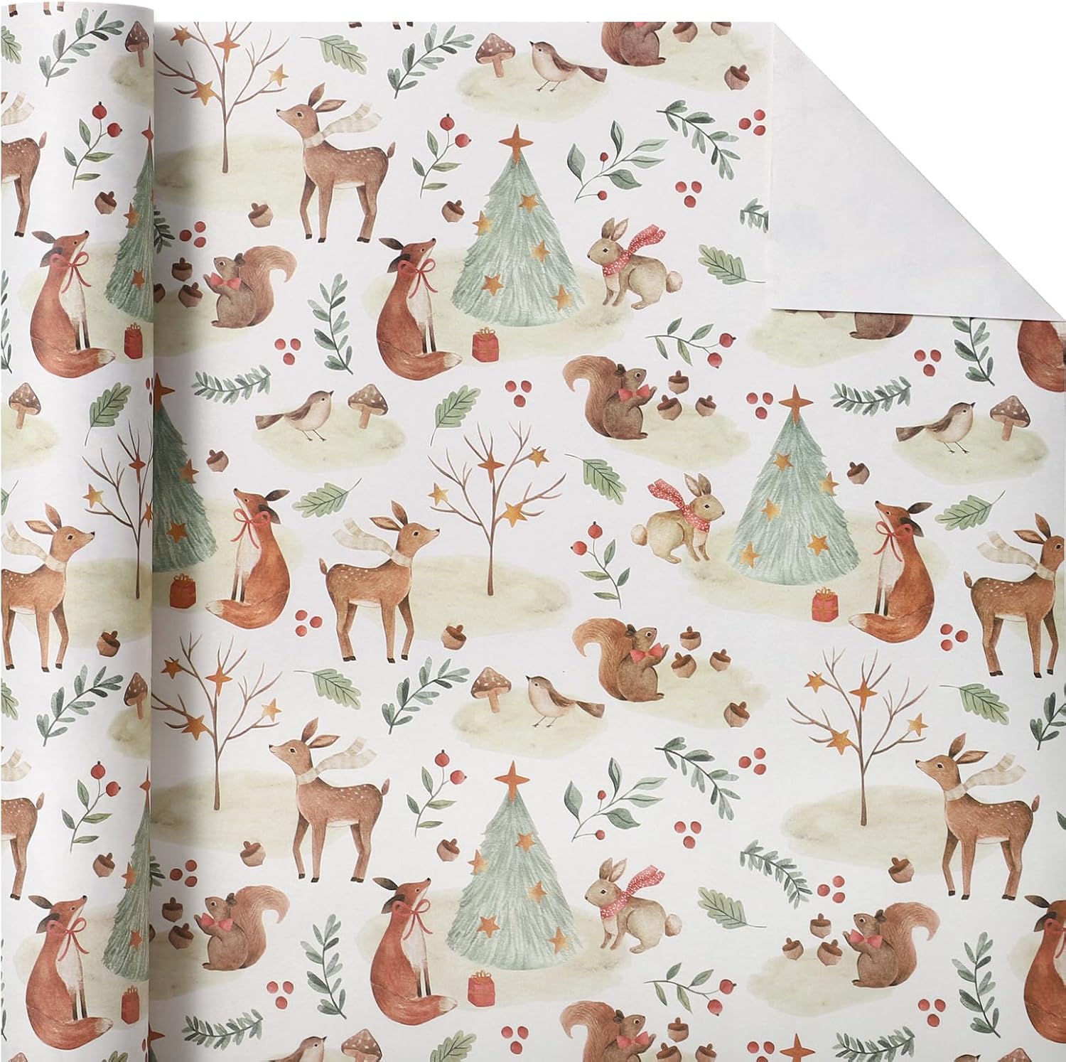 Kraft Christmas Wrapping Paper - Mini Roll - 17 Inch x 33 Feet - Warm Forest Animal Friends and Christmas Tree Wrapping Paper for Holiday, Party Celebration