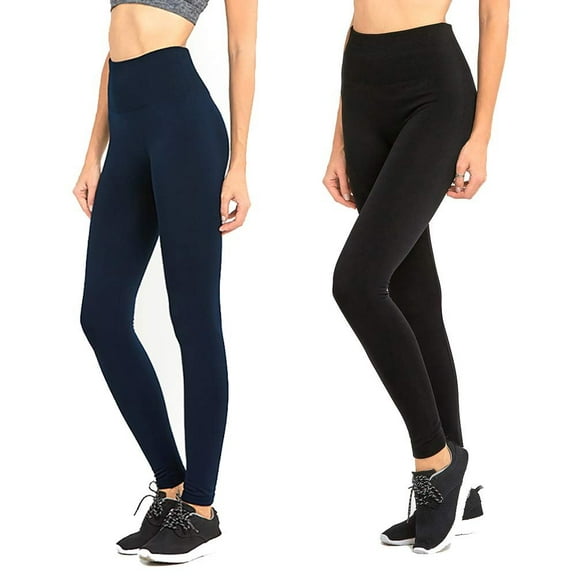 DailyWear Women's High Waist Fleece Lined Extra Wide Band Leggings One Size, Black Navy