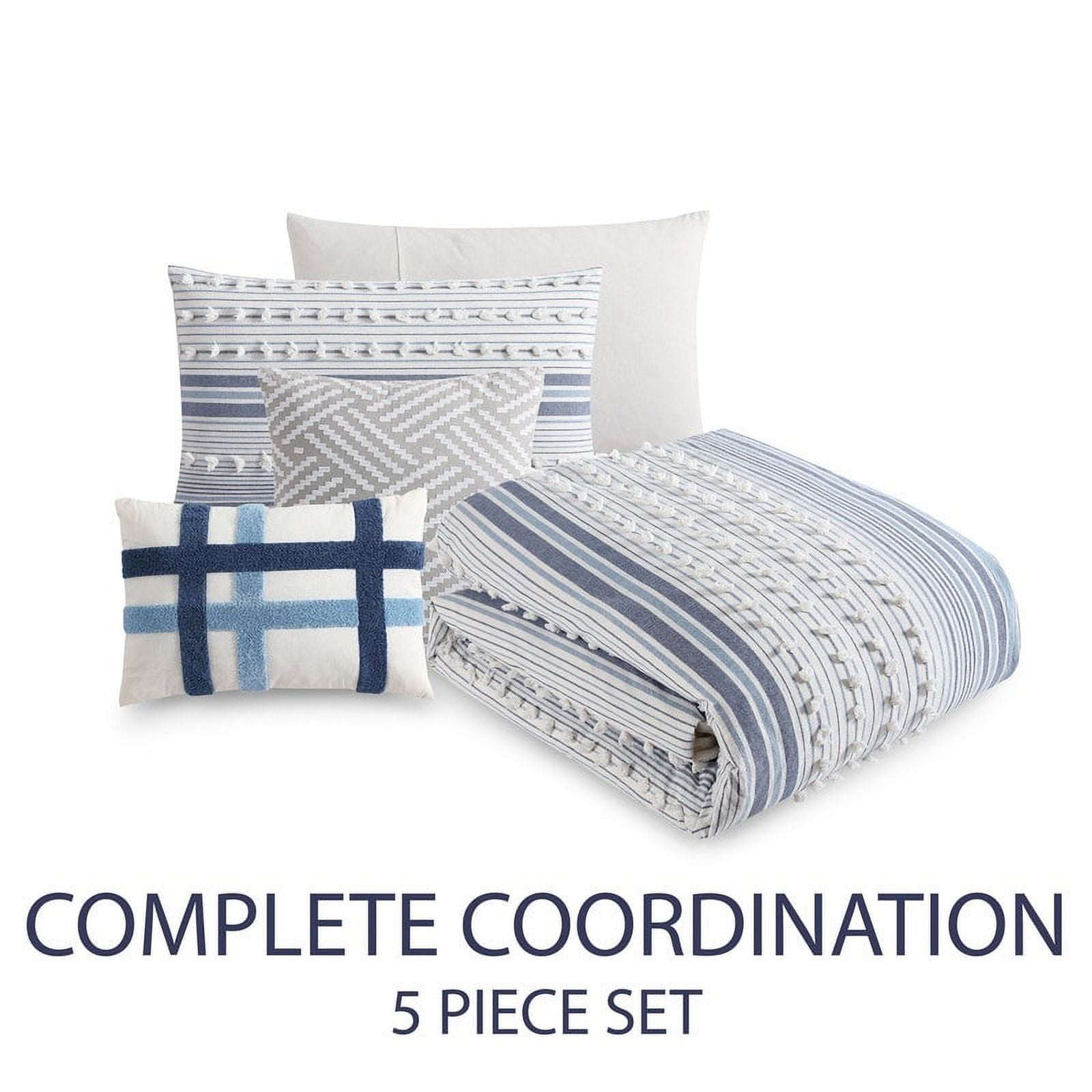 5-Piece Tucson Blue & White Jacquard Striped Comforter Set, Queen