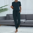 thumbnail image 2 of AherBiu Ensembles d'Entraînement pour Femmes 2 Pcs Col Ras du Cou Manches Courtes Hauts Ensemble de Détente Pantalon Taille Haute à Cordon Survêtement, 2 of 4