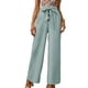 thumbnail image 1 of Pantalones anchos de pierna verde 2XL, color sólido, cintura con lazo, botones en la parte delantera, ajuste holgado informal para vacaciones, citas, trabajo y estilo diario, 1 of 6