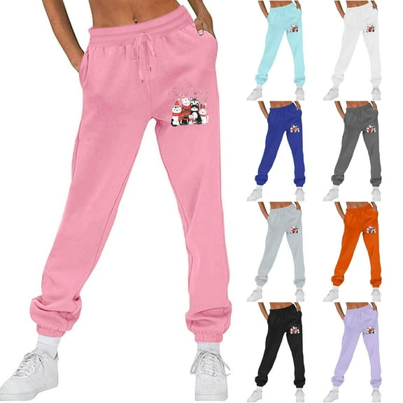 Brondbend Womens Joggers with Pockets Womens Sweatpants High Elastic Waisted Christmas Print Drawstring Workout Trousers Plus Velvet Basic Fit Running Fitness Comfortable Pants,Black