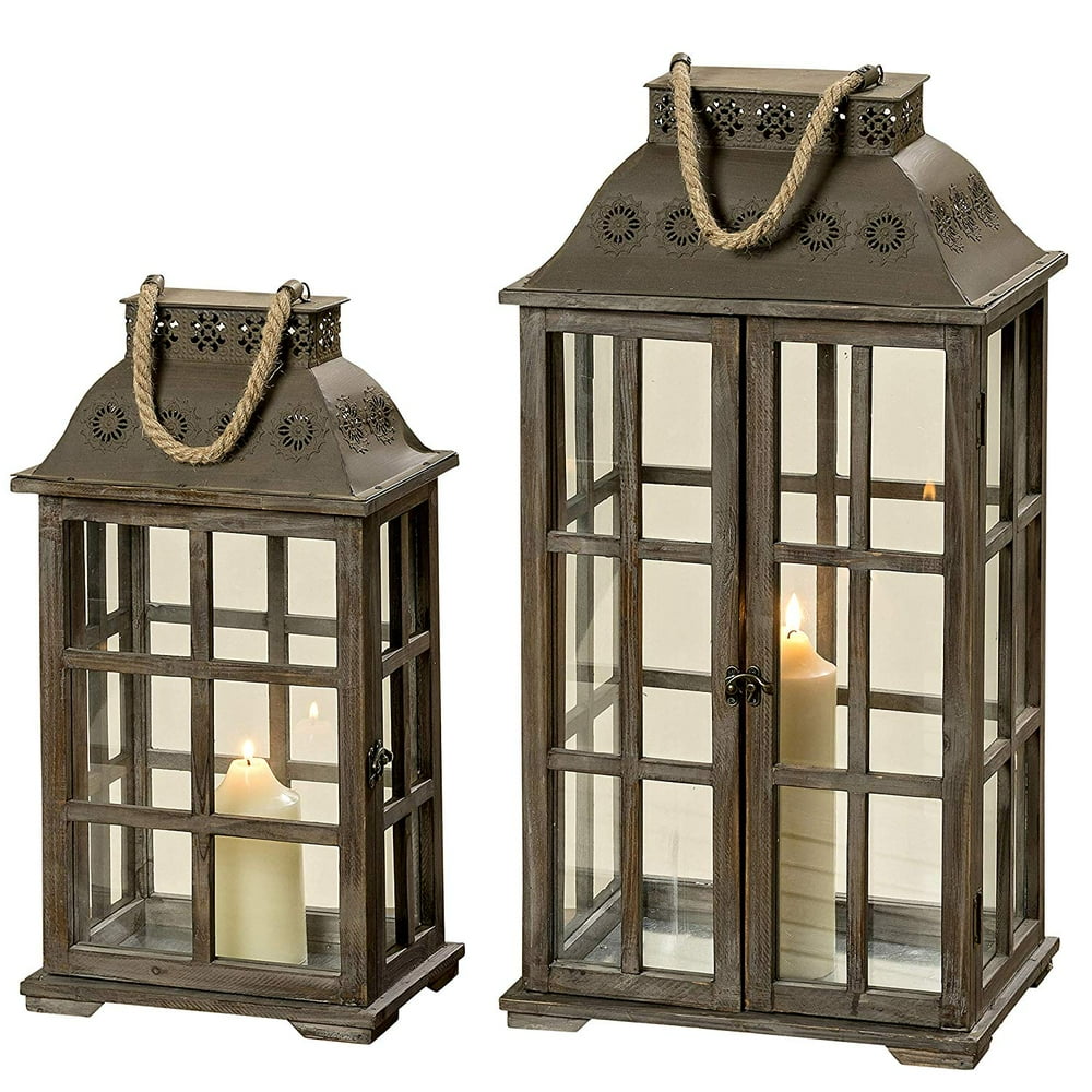 Farmer's Market Hurricane Candle Lanterns, Set of 2, Flower Roundels and Rope Details, Cross