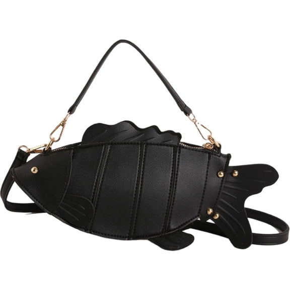 Hfppkn 3D Fish Shaped PU Leather Crossbody Bag Novelty Mini Shoulder Handbag for Party Daily Use 32x7x13cm Black