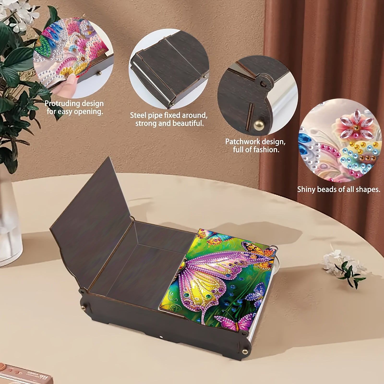 FLOPESN DIY Diamond Art Painting Jewelry Box,Creative Design Wooden Lid Rectangular Storage Case for Home Decor-Butterfly-1