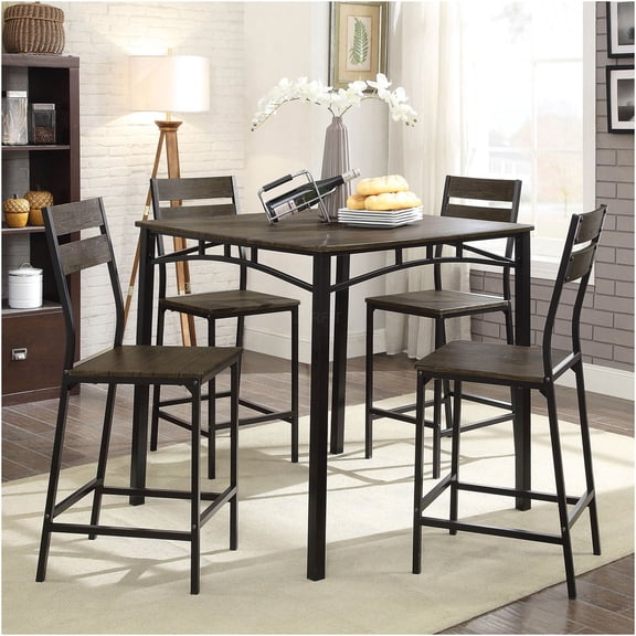 JERFIT 5-Piece Industrial Dining Set with Square Table and 4 High Chairs, Antique Brown and Black Metal Wood Kitchen Bistro Set for Dining Room