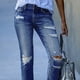 thumbnail image 3 of Pantalones desgastados para mujer, ajustados, elásticos, ajustados, con dobladillo largo destruido, para mujer, azul oscuro L, 3 of 8