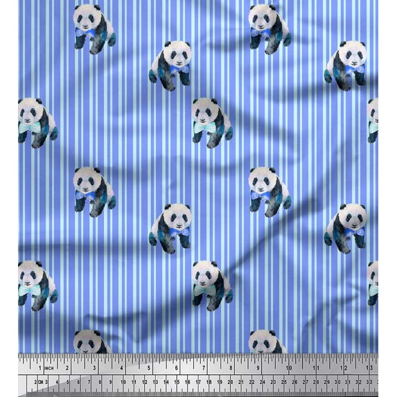 Soimoi Blue polyester Crepe Fabric Panda & Stripe Print Fabric by Yard 52 Inch Wide
