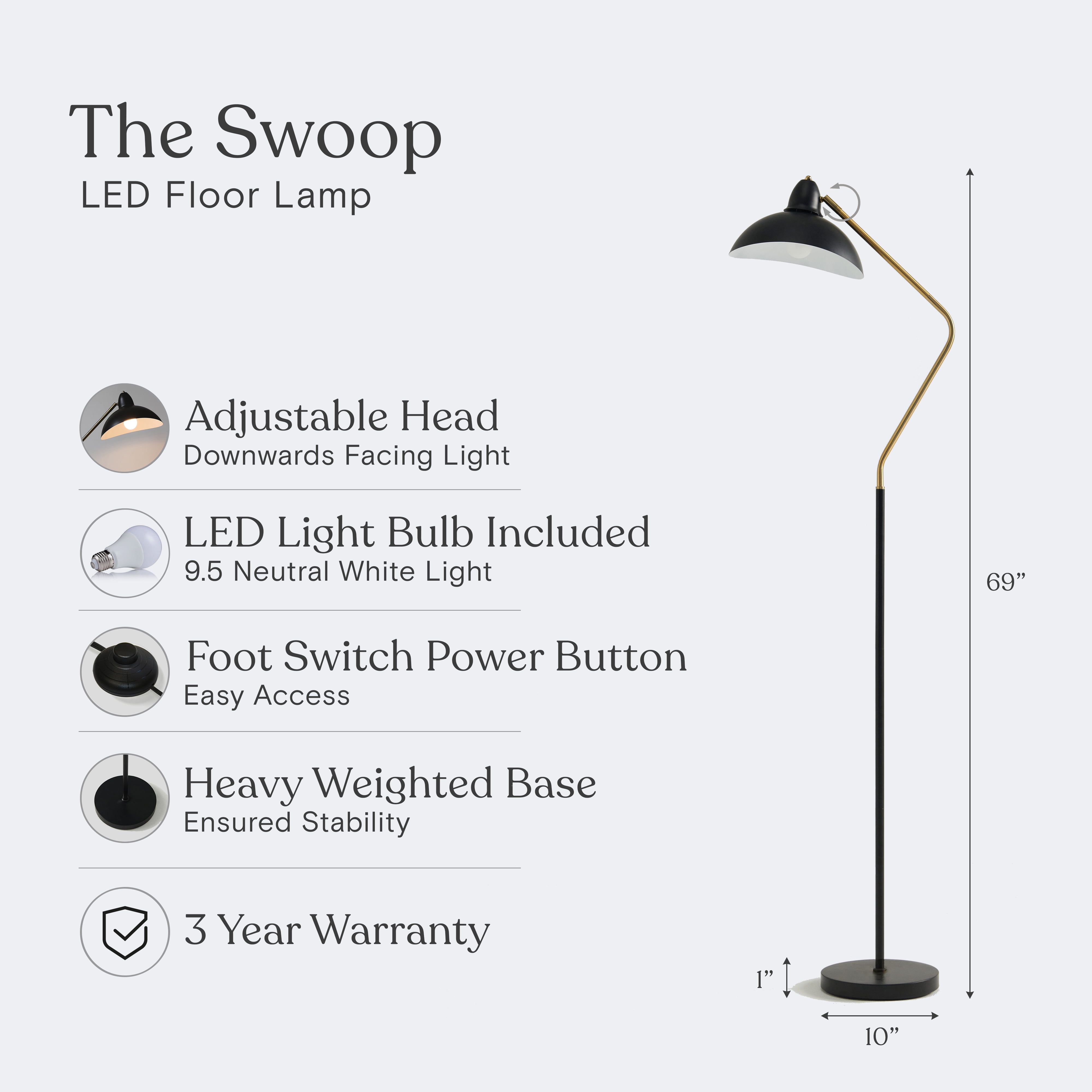 Brightech Swoop 69" LED Floor Lamp, Tall Lamp with Adjustable Head, Modern Lamp for Living Rooms & Offices, Standing Lamp with Heavy Base for Bedrooms, Stunning Living Room Decor