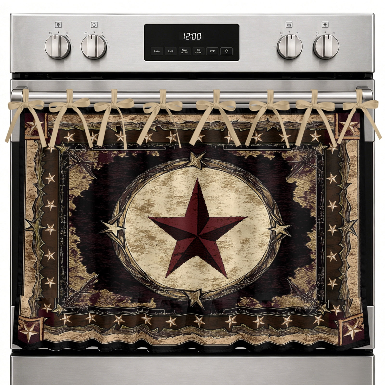 Oven Skirt Curtain for Kitchen Decor 20x27 Inch Western Stars Brown Tie Top Oven Curtain with Ruffle Trim Stove Cover Skirt for Dishwasher Cabinet Over Sink Farmhouse Country Vintage Wood Grain
