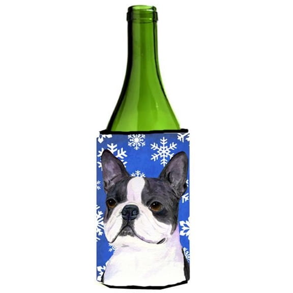 Boston Terrier Winter Snowflakes Holiday Wine bottle sleeve Hugger - 24 oz.