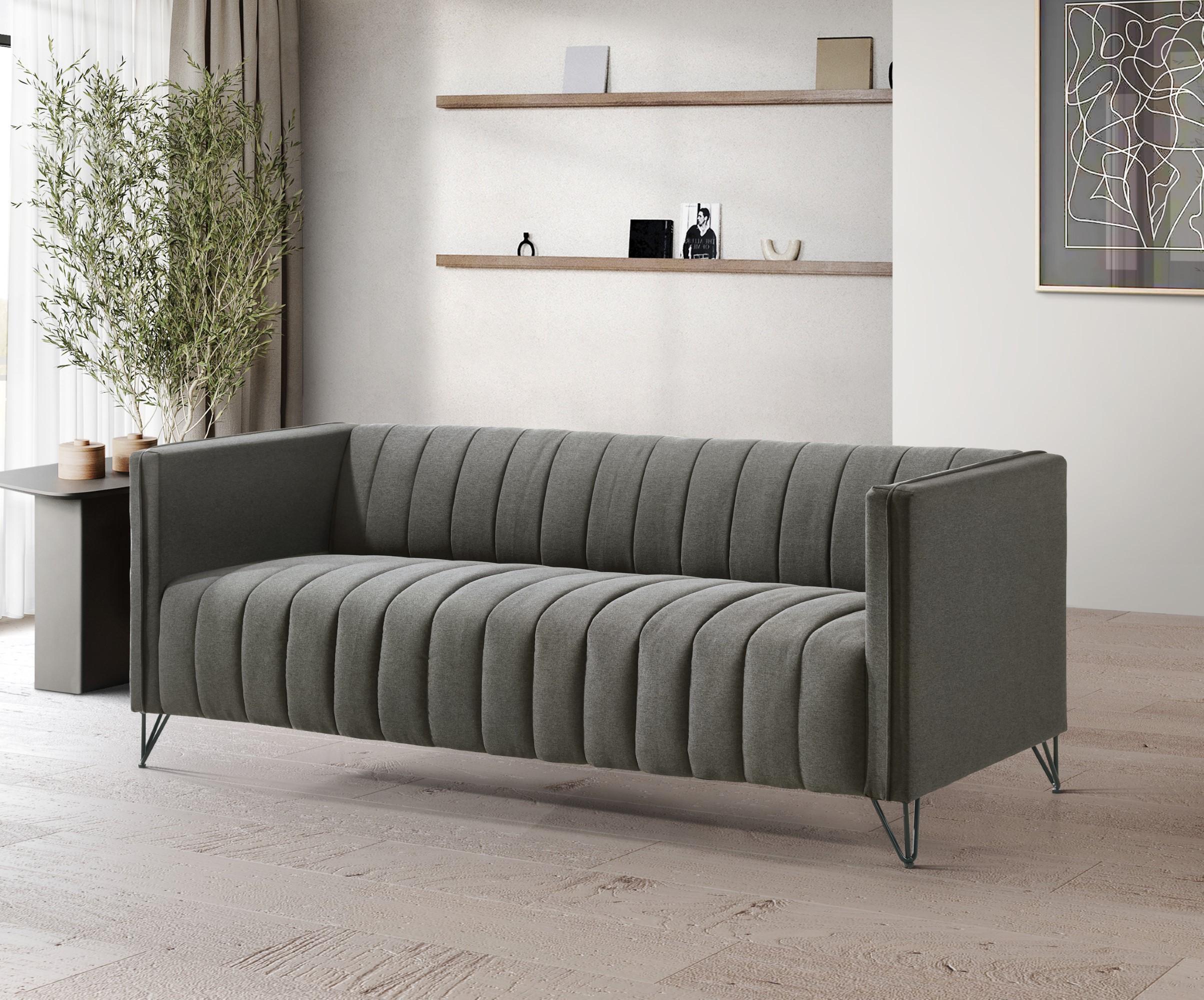Home Design Kurtis Square Arm Sofa with Tufted Velvet Upholstery and Gold Metal Legs, Flared Arms, Modern Living Room Seating, Gray