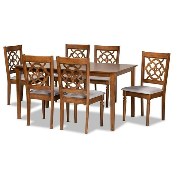 Bowery Hill Grey Fabric Upholstered and Brown Finished Wood 7-Piece Dining Set