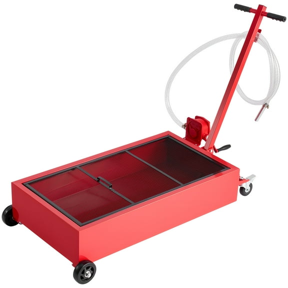 KFFKFF 20-Gallon Low-Profile Oil Drain Pan with Manual Pump, Rolling Design, 7.2 ft Hose, T-Handle, Durable and Corrosion-Resistant, Suitable for Cars, SUVs, Trucks, and ATVs, Red