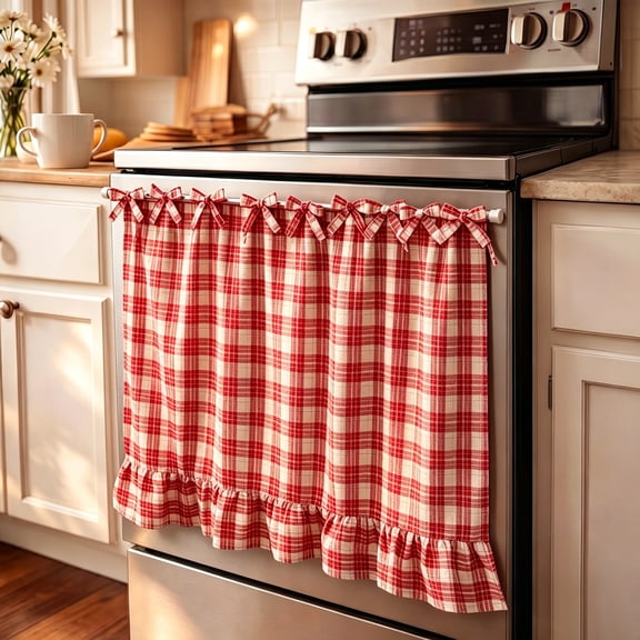 Farmhouse Oven Skirt Dishwasher Skirt Curtain with Ribbon Ties |Machine Washable, and Easy no-tool Installation.